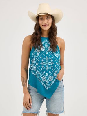 Women's Wrangler Bandana Diamond Front Tank in Turquoise
