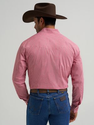 Men's Wrinkle Resist Long Sleeve Western Snap Plaid Shirt in Red Checks