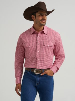 Men's Wrinkle Resist Long Sleeve Western Snap Plaid Shirt in Red Checks