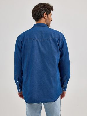 Men's Wrangler® Long Sleeve Flannel Lined Solid Work Shirt in Blue Denim
