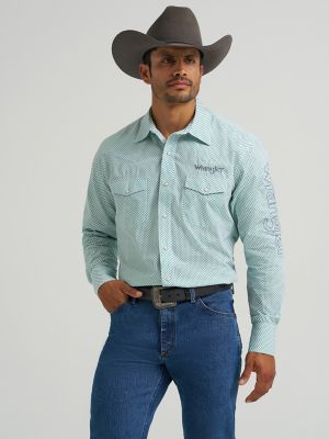 Men's Wrangler® Logo Long Sleeve Western Snap Shirt in Grassy