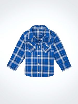 Little Boy's Long Sleeve Plaid Western Snap Shirt in True Blue main view