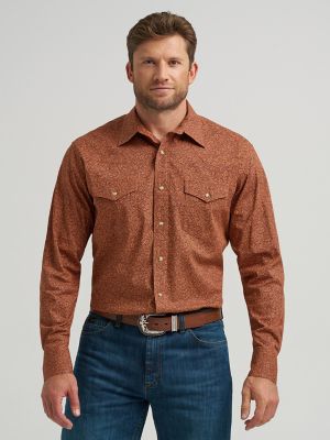 Boy's Wrangler® 20X® Advanced Comfort Western Snap Print Shirt in Rustic Brown Paisley