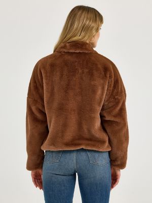 Women's Wrangler Logo Fuzzy Zip Jacket in Teddy Brown