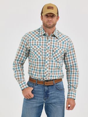 Boy's Wrangler Retro® Western Snap Plaid Shirt with Front Sawtooth Pockets in Sunset Blue