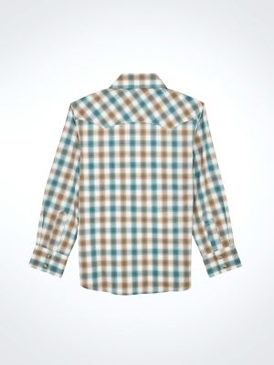 Boy's Wrangler Retro® Western Snap Plaid Shirt with Front Sawtooth Pockets in Sunset Blue