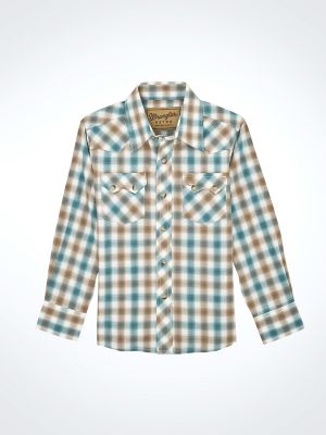 Men's Wrangler Retro® Long Sleeve Sawtooth Snap Pocket Western Shirt in Teal Plaid
