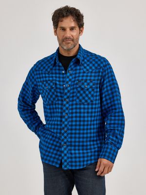 Men's Wrangler Retro® Long Sleeve Flannel Western Snap Plaid Shirt in Buffalo Blue Check