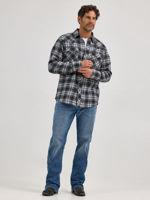 Men's Wrangler Retro® Long Sleeve Flannel Western Snap Plaid Shirt in Charcoal Gray