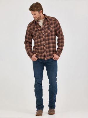 Men's Wrangler Retro® Long Sleeve Flannel Western Snap Plaid Shirt in Mocha Brown