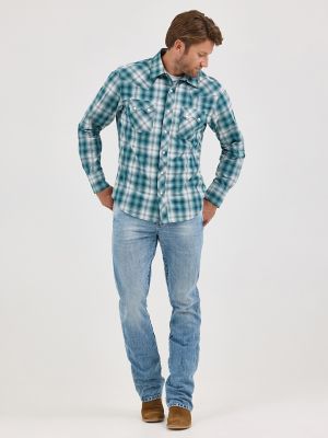 Men's Wrangler Retro® Long Sleeve Sawtooth Snap Pocket Western Shirt in Teal Plaid
