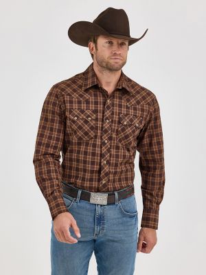 Men's Wrangler Retro® Long Sleeve Sawtooth Snap Pocket Western Shirt in Mocha Brown