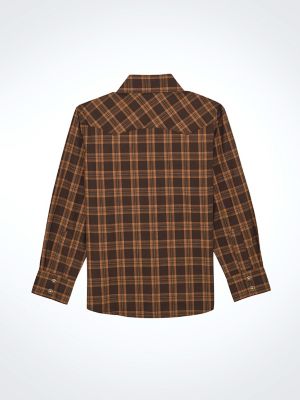 Boy's Wrangler Retro® Western Snap Plaid Shirt with Front Sawtooth Pockets in Mocha Brown