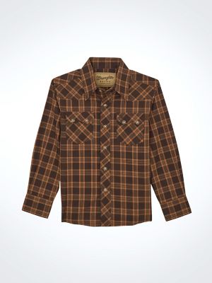 Boy's Wrangler Retro® Western Snap Plaid Shirt with Front Sawtooth Pockets in Mocha Brown