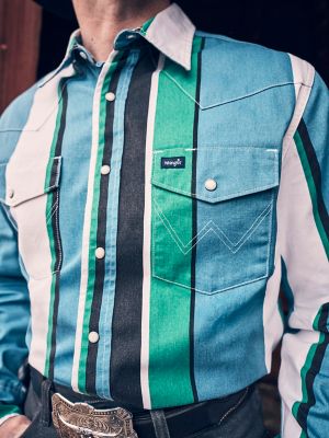 Vintage-Inspired Brushpopper Western Snap Workshirt in Azure Stripe