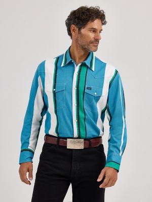 Vintage-Inspired Brushpopper Western Snap Workshirt in Azure Stripe alternative view 2