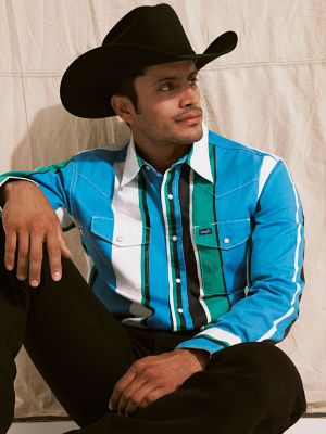 Vintage-Inspired Brushpopper Western Snap Workshirt in Azure Stripe alternative view 4
