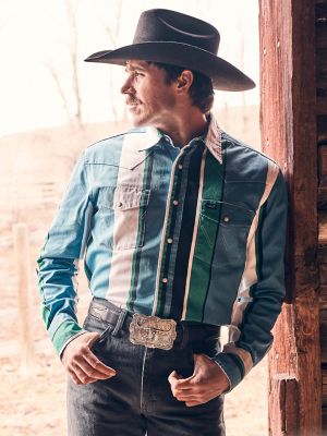 Vintage-Inspired Brushpopper Western Snap Workshirt in Azure Stripe