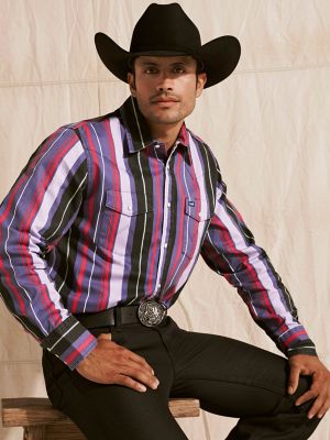 Vintage-Inspired Brushpopper Western Snap Workshirt in Violet Stripe