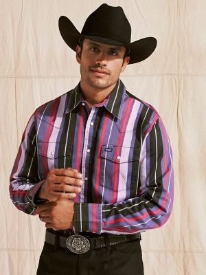 Vintage-Inspired Brushpopper Western Snap Workshirt in Violet Stripe main view