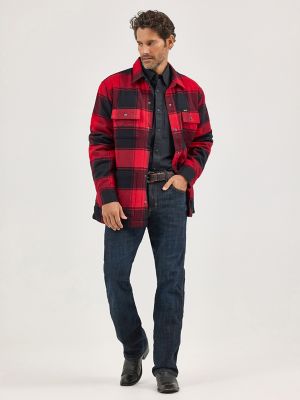 Men's Wrangler Sherpa Lined Flannel Snap Shirt Jacket in Red Buffalo