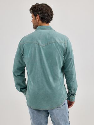 Men's Wrangler Retro Premium Western Snap Solid Shirt in Robins Egg