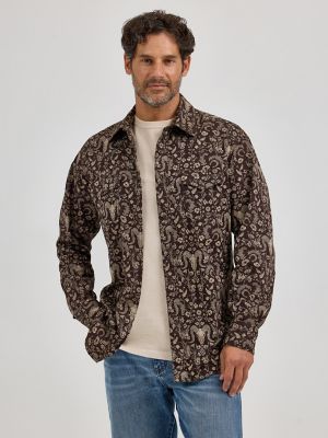 Men's Wrangler® Retro® Premium Long Sleeve Western Snap Printed Shirt in Teal Big Paisley