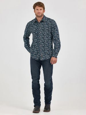 Men's Wrangler® Retro® Premium Long Sleeve Western Snap Printed Shirt in Teal Big Paisley