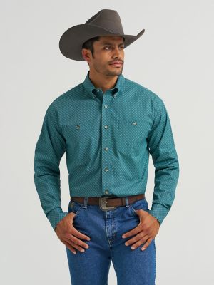 Wrangler® George Strait™ Long Sleeve Button Down Two Pocket Shirt in Teal Diamondpane