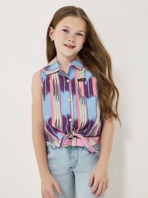 Girl's Wrangler x Lainey Wilson Sleeveless Tie Front Snap Shirt in Summer Checotah alternative view