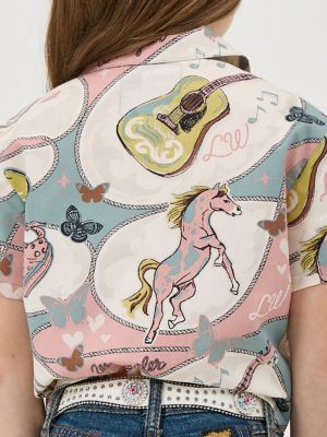 Girl's Wrangler x Lainey Wilson Tie Front Camp Shirt in Wild Stallion Print alternative view 3
