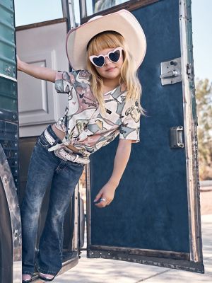 Girl's Wrangler x Lainey Wilson Tie Front Camp Shirt in Wild Stallion Print