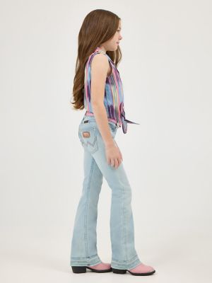 Girl's Wrangler x Lainey Wilson Raw Hem Boot Huggers in Bleach Blue Wash alternative view 2