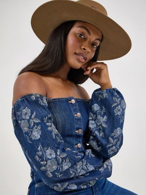 Women's Wrangler Denim Cropped Blouse in Dark Denim alternative view 3