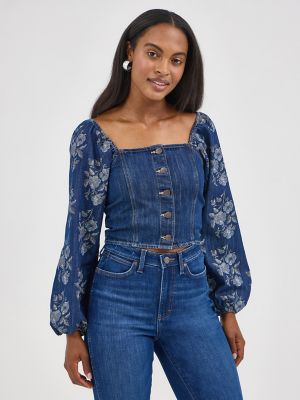 Women's Wrangler Denim Cropped Blouse in Dark Denim