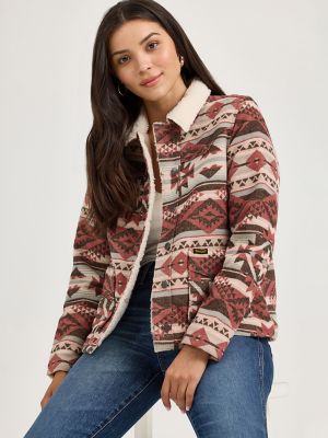 Women's Wrangler® Sherpa Lined Jacquard Barn Jacket in Burgundy