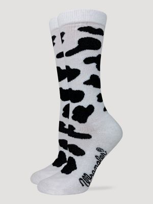 Women's Cow Print Crew Sock in White/Black