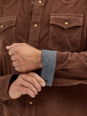 Men's Wrangler® Retro® Premium Western Snap Corduroy Shirt in Brown Corduroy