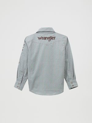 Boy's Wrangler® Logo Long Sleeve Western Snap Shirt in Peacock