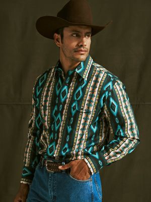 Men's Checotah® Long Sleeve Western Snap Printed Shirt in Turquoise Belt