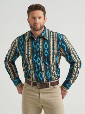 Men's Checotah® Long Sleeve Western Snap Printed Shirt in Turquoise Belt