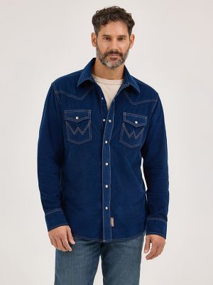Men's Wrangler Retro Premium Western Snap Solid Shirt in Rich Navy