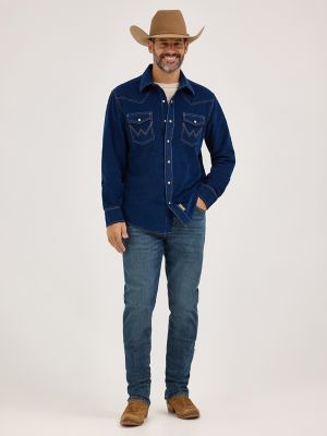 Men's Wrangler Retro Premium Western Snap Solid Shirt in Rich Navy