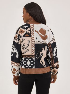 Women's Western Cropped Cardigan Sweater in Brown