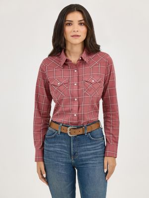 Women's Essential Long Sleeve Plaid Western Snap Top in Dusk Wine