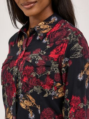 Women's Floral Western Snap Dress in Black