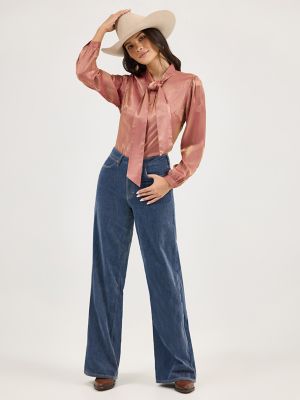 Women's Shimmer Tie Neck Blouse in Rose Gold