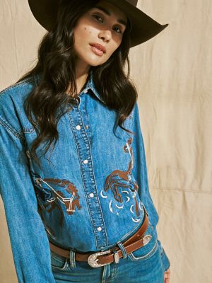 Women's Embroidered Horses Boyfriend Western Snap Shirt | SALE