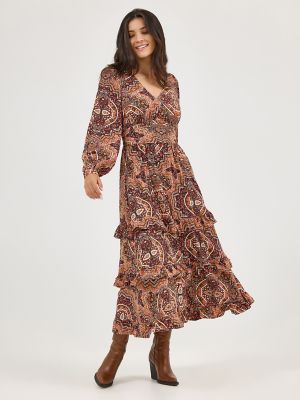 Women's Ruffle Accent Maxi Dress in Brown