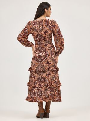 Women's Ruffle Accent Maxi Dress in Brown